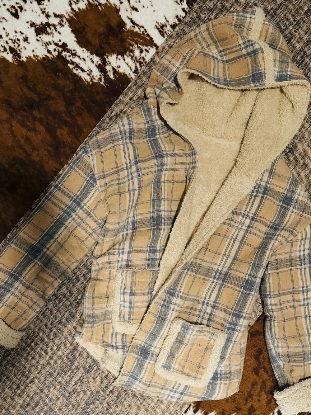 Plush Lined women’s oversized Hooded Plaid Jacket - Tan & gray